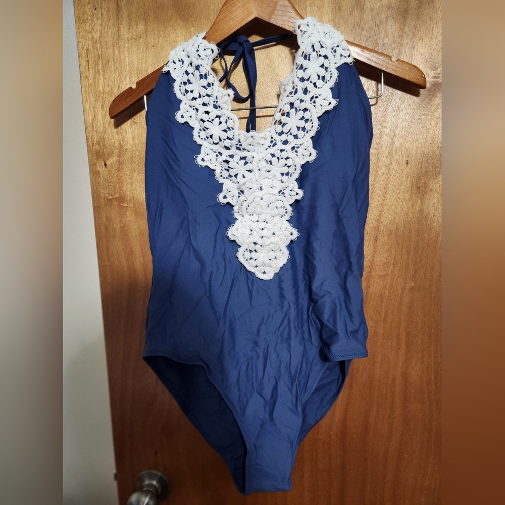 Navy Blue One-Piece Swimsuit with White Lace Detail XL